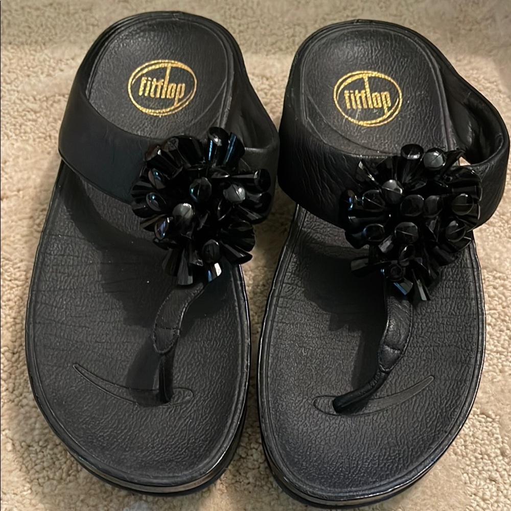 FitFlop Black Sandals with Floral Embellishment